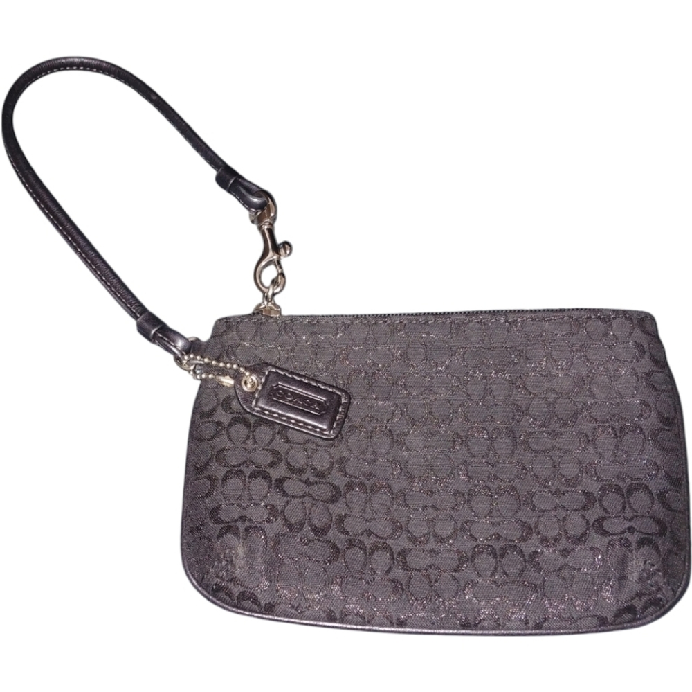COACH Signature Canvas Leather Black silver Metallic Wristlet Purse